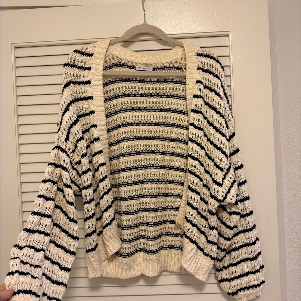 American Eagle Outfitters Cream & Black Striped Open-Front Cardigan